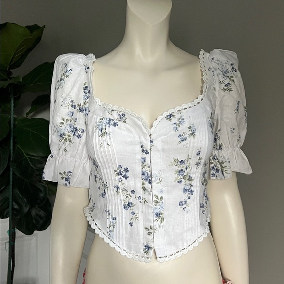 Reformation Simmie Floral Puff Sleeve Linen Crop Top Floral Puff Sleeve Crop Top - Picture 4 of 7
